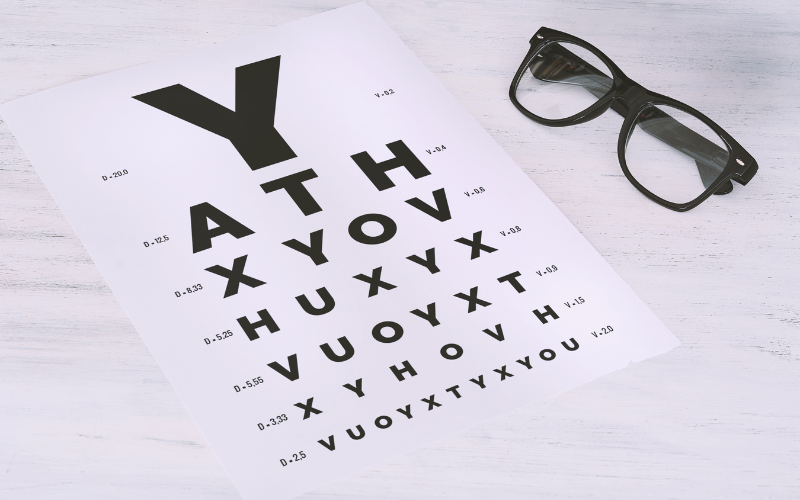 An optician's eye test chart and a pair of glasses